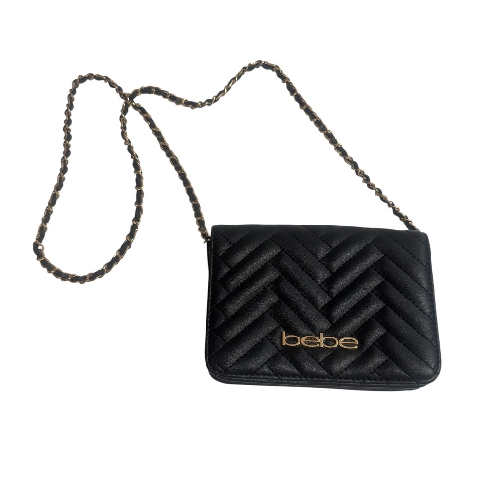 Bebe Black Quilted Chevron Crossbody Wallet Bag Gold Chain Strap Messenger NWOT